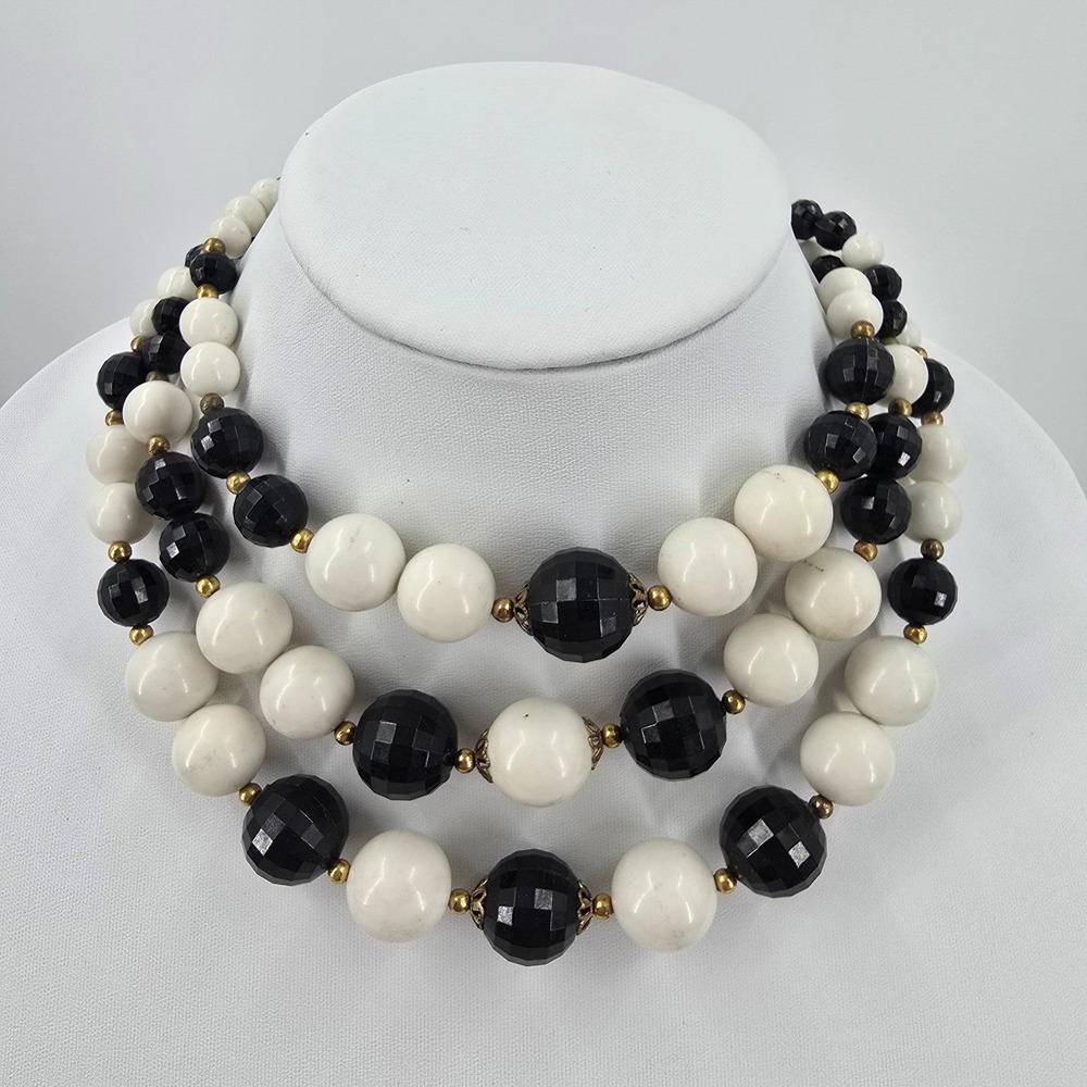 Vintage Chunky Old Hollywood Necklace Black White Bib Statement Beaded Facet